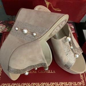 Rene Caovilla Pearly Suede Platform Slide Sandal